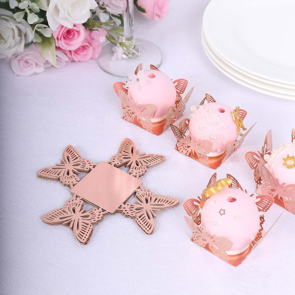 50 - Pack Mini Paper Truffle Cup Liners Butterfly Square Design Metallic Rose Gold - 225GSM Cupcake Tray Wrappers 4" - Bell Racket Store