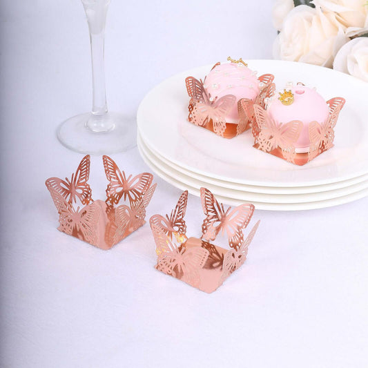 50 - Pack Mini Paper Truffle Cup Liners Butterfly Square Design Metallic Rose Gold - 225GSM Cupcake Tray Wrappers 4" - Bell Racket Store