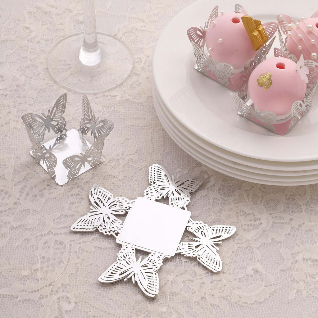 50 - Pack Mini Paper Truffle Cup Liners Butterfly Square Design Metallic Silver - 225GSM Cupcake Tray Wrappers 4" - Bell Racket Store