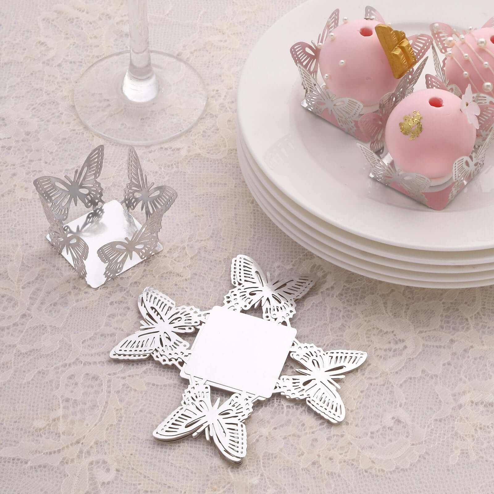 50 - Pack Mini Paper Truffle Cup Liners Butterfly Square Design Metallic Silver - 225GSM Cupcake Tray Wrappers 4" - Bell Racket Store