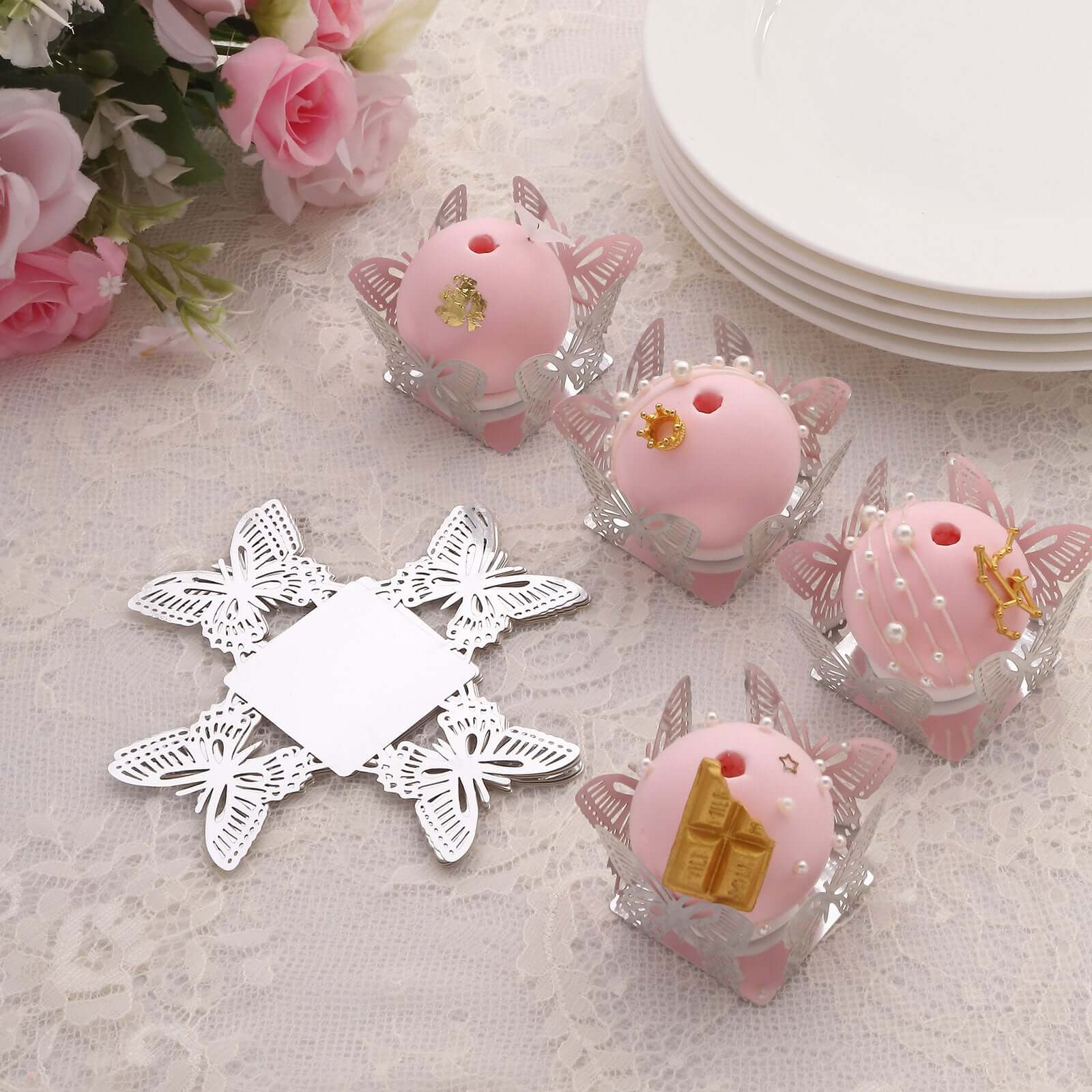 50 - Pack Mini Paper Truffle Cup Liners Butterfly Square Design Metallic Silver - 225GSM Cupcake Tray Wrappers 4" - Bell Racket Store