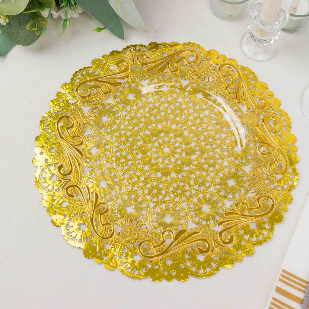 50 - Pack Paper 12" Round Placemats in Metallic Gold - Disposable 50GSM Lace Doilies with Medallion Style for Dessert Display & Table Decor - Bell Racket Store