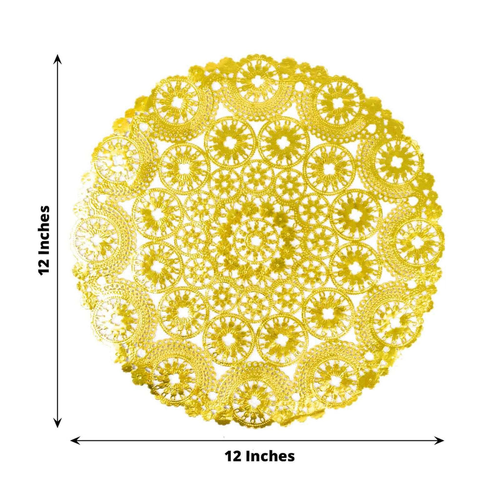 50 - Pack Paper 12" Round Placemats in Metallic Gold - Disposable 50GSM Lace Doilies with Medallion Style for Dessert Display & Table Decor - Bell Racket Store