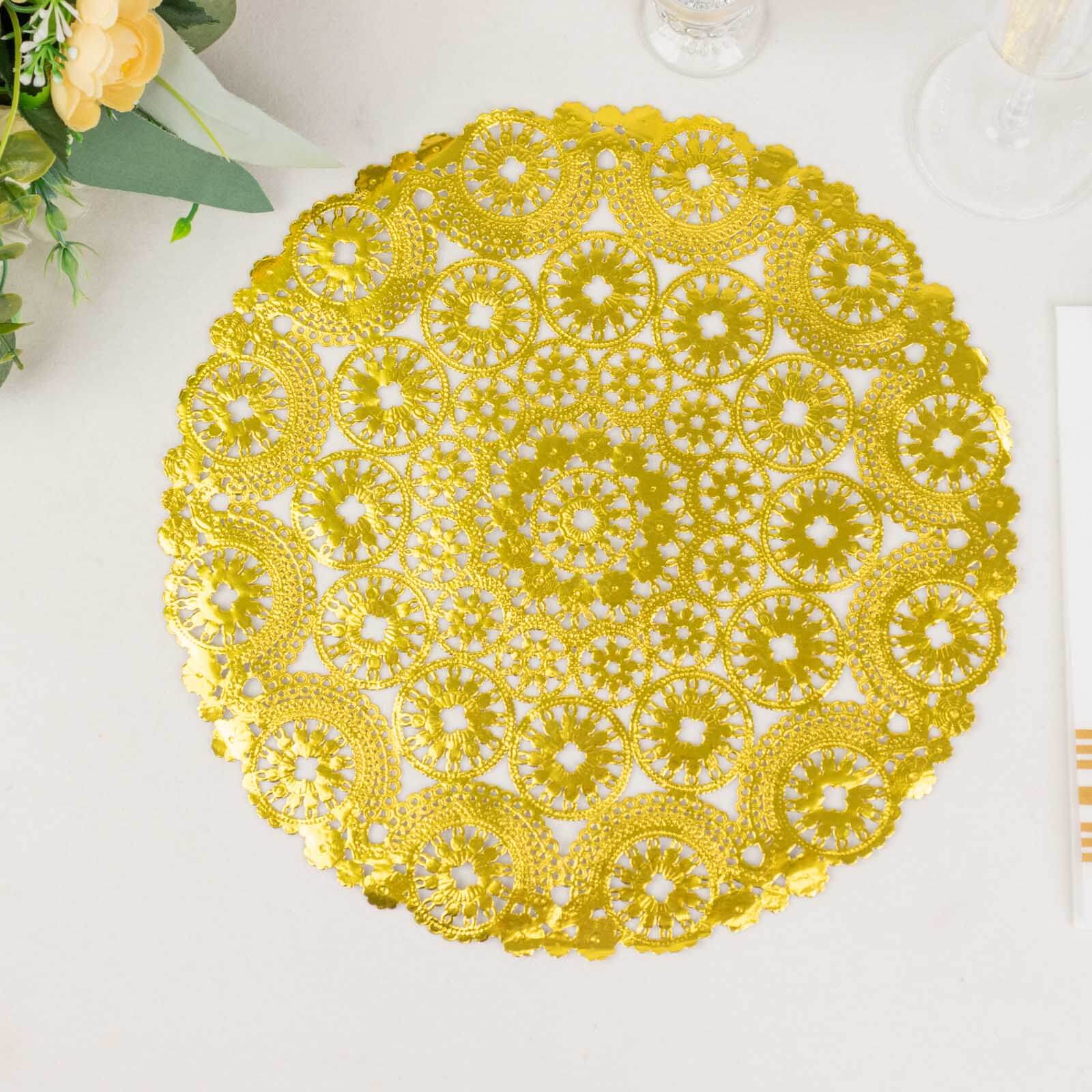 50 - Pack Paper 12" Round Placemats in Metallic Gold - Disposable 50GSM Lace Doilies with Medallion Style for Dessert Display & Table Decor - Bell Racket Store