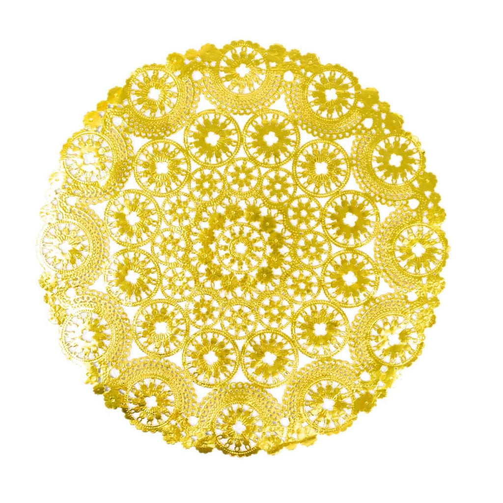 50 - Pack Paper 12" Round Placemats in Metallic Gold - Disposable 50GSM Lace Doilies with Medallion Style for Dessert Display & Table Decor - Bell Racket Store