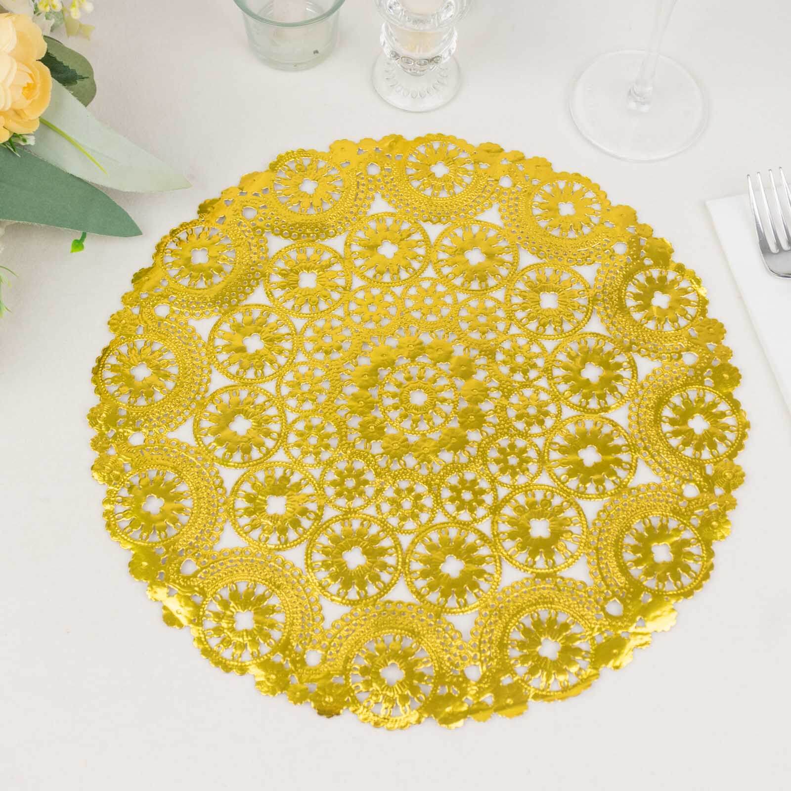 50 - Pack Paper 12" Round Placemats in Metallic Gold - Disposable 50GSM Lace Doilies with Medallion Style for Dessert Display & Table Decor - Bell Racket Store