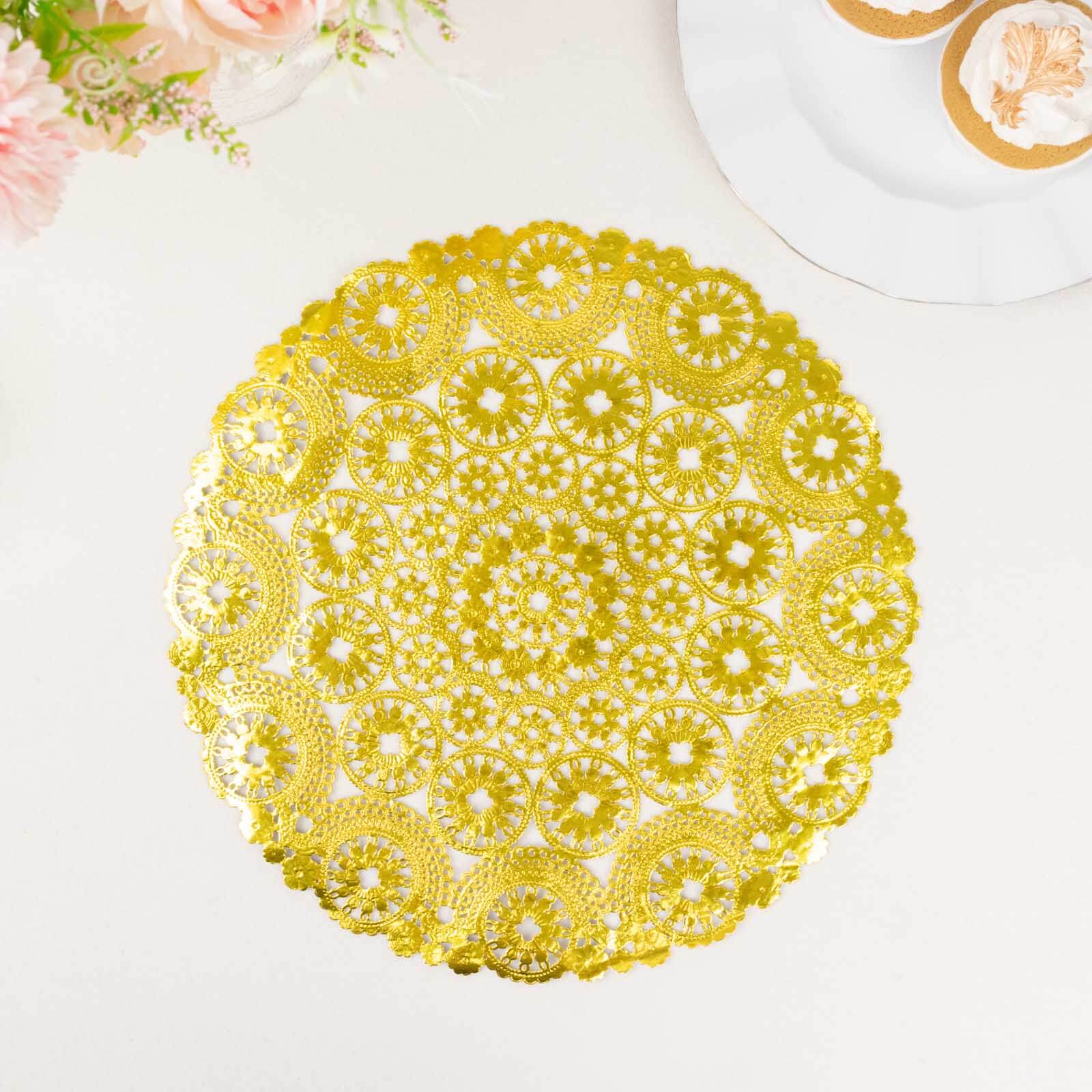 50 - Pack Paper 12" Round Placemats in Metallic Gold - Disposable 50GSM Lace Doilies with Medallion Style for Dessert Display & Table Decor - Bell Racket Store