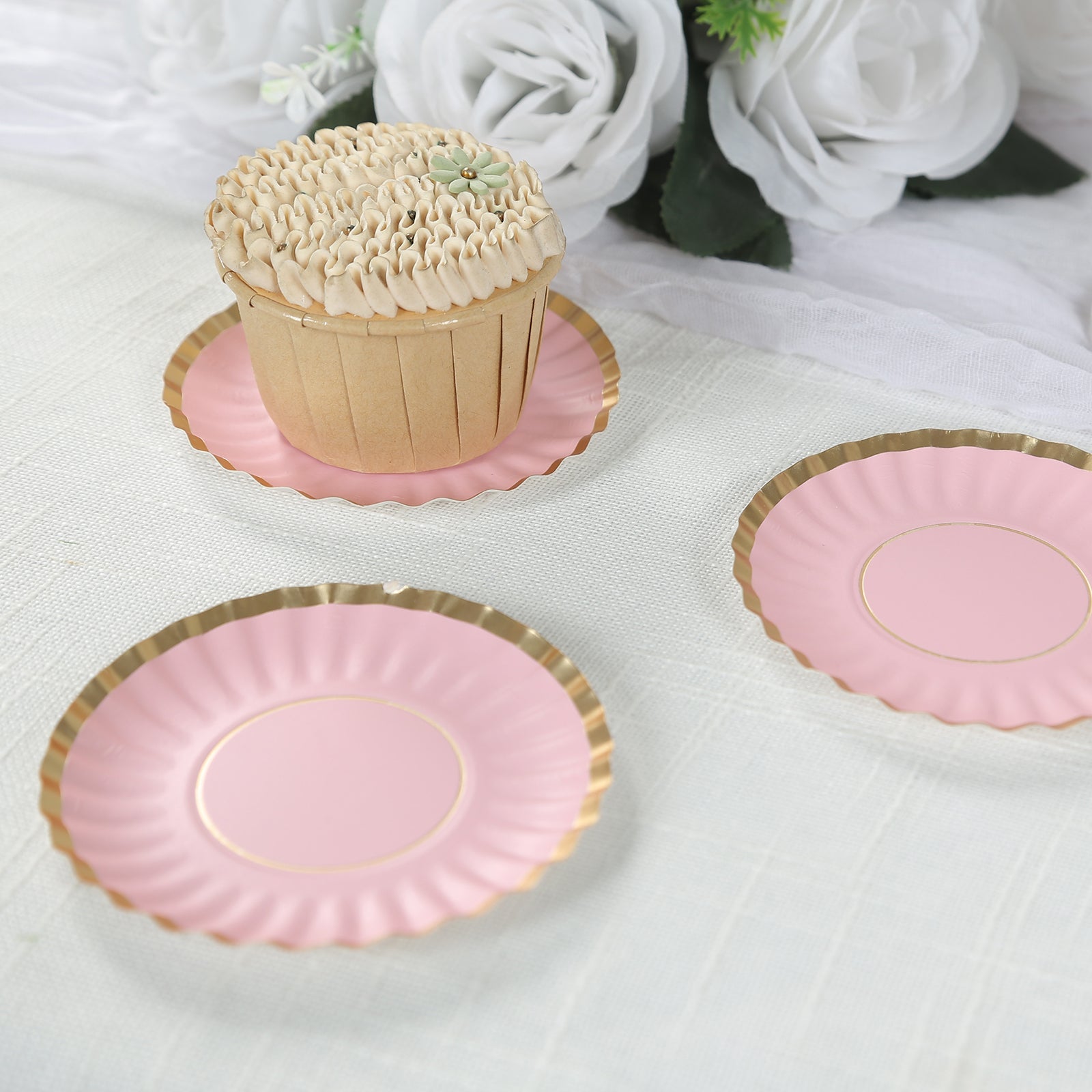50 - Pack Paper 3.5" Round Party Plates in Blush with Gold Scalloped Rim - Disposable Mini 250GSM Dessert Plates for Tapas, Appetizers & Finger Foods - Bell Racket Store