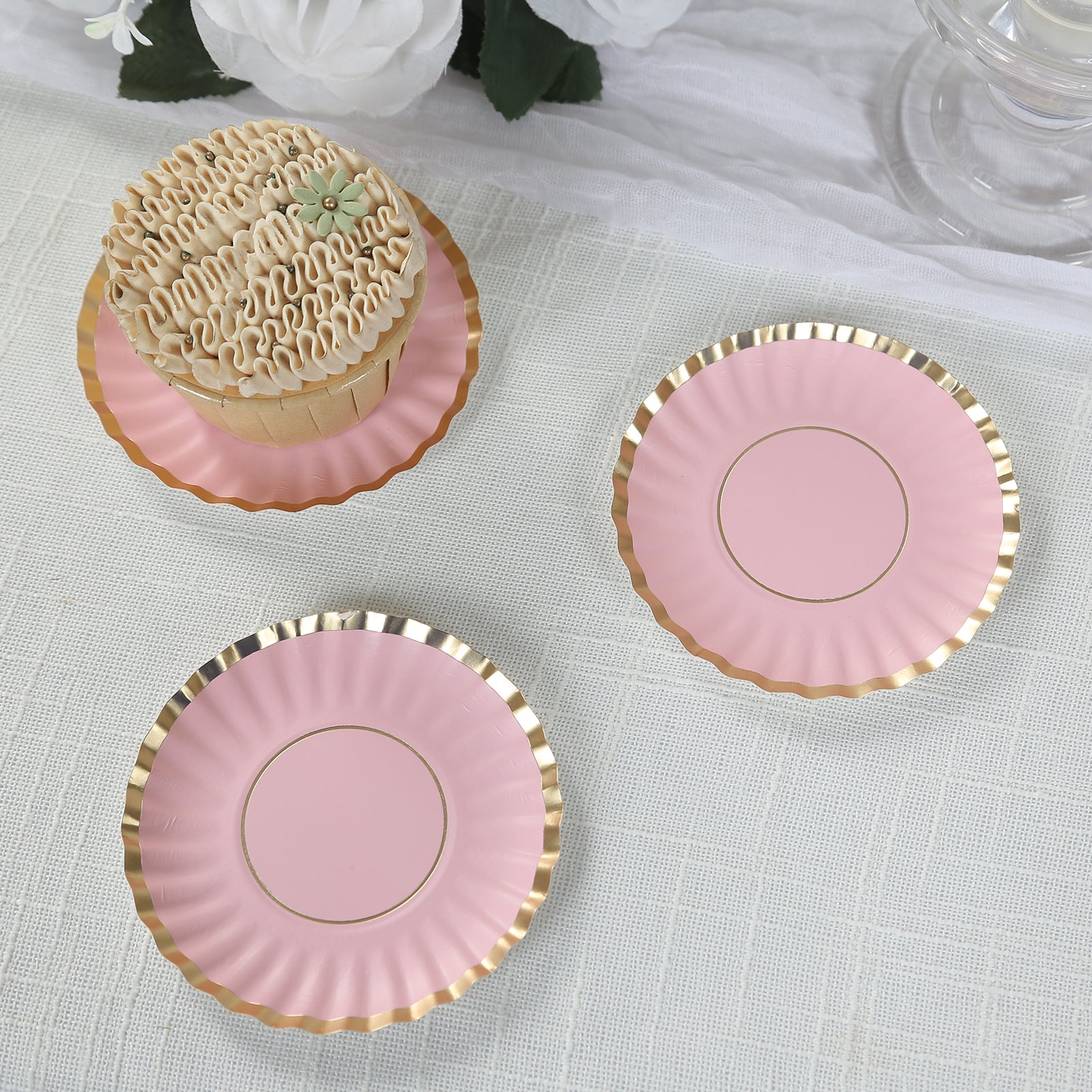 50 - Pack Paper 3.5" Round Party Plates in Blush with Gold Scalloped Rim - Disposable Mini 250GSM Dessert Plates for Tapas, Appetizers & Finger Foods - Bell Racket Store
