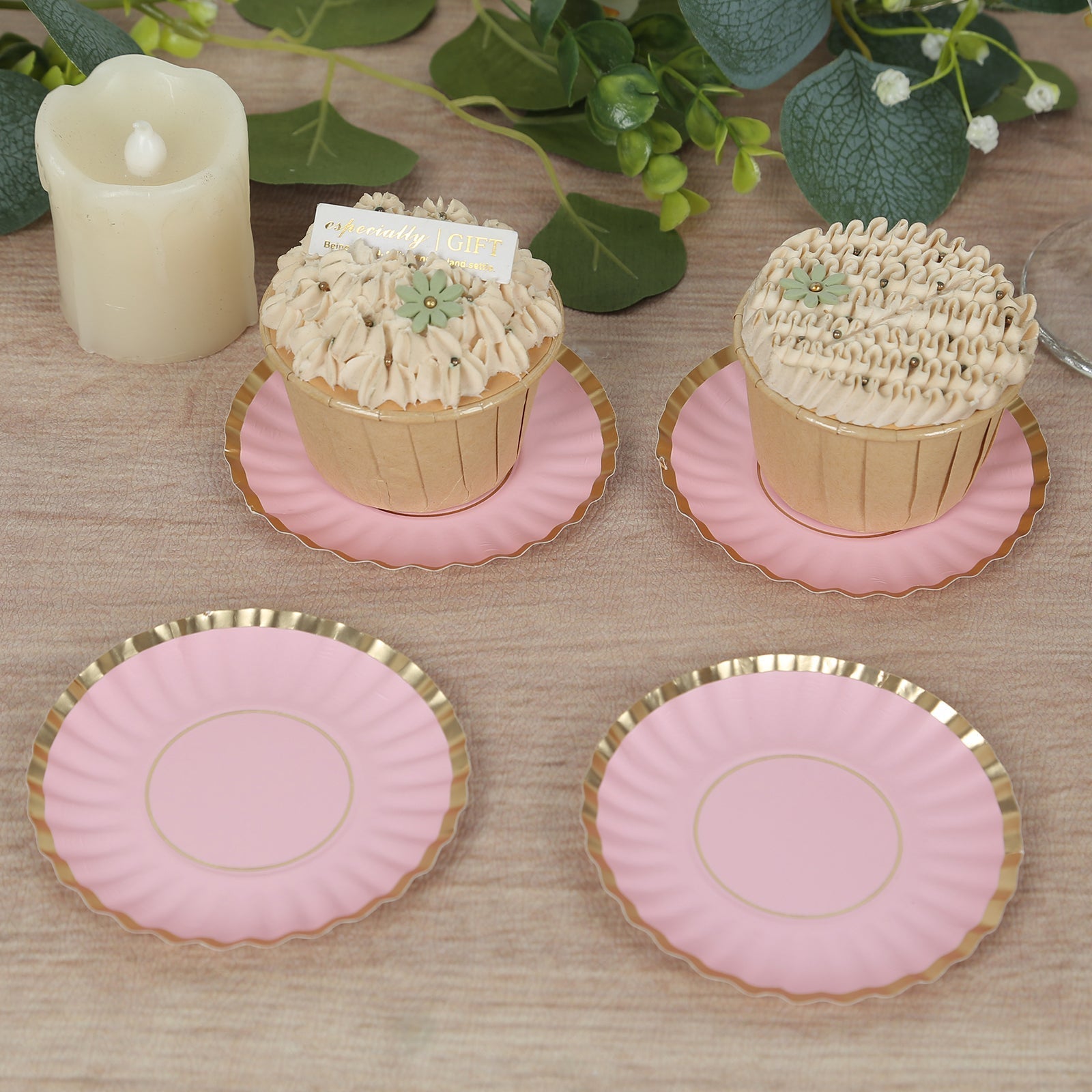 50 - Pack Paper 3.5" Round Party Plates in Blush with Gold Scalloped Rim - Disposable Mini 250GSM Dessert Plates for Tapas, Appetizers & Finger Foods - Bell Racket Store