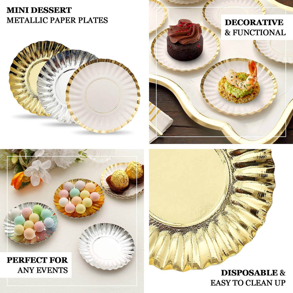 50 - Pack Paper 3.5" Round Party Plates in Blush with Gold Scalloped Rim - Disposable Mini 250GSM Dessert Plates for Tapas, Appetizers & Finger Foods - Bell Racket Store