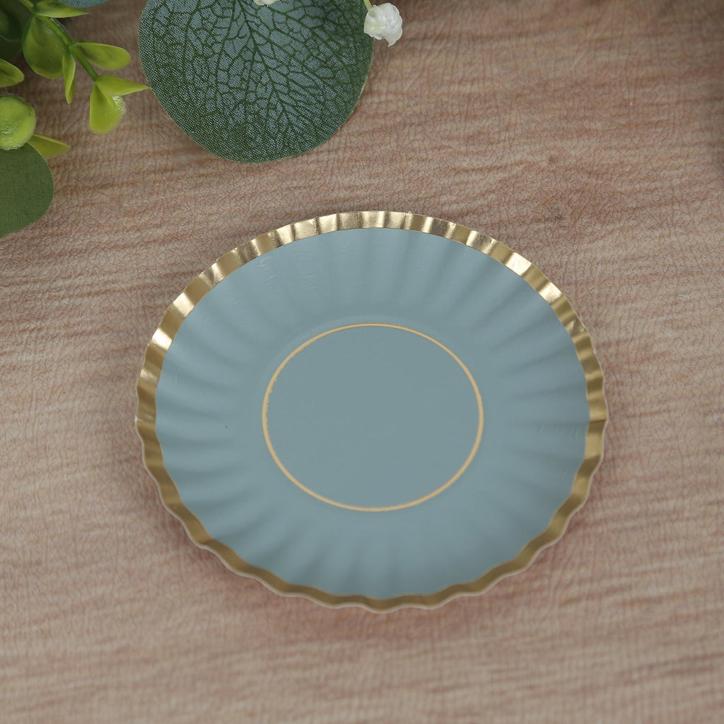 50 - Pack Paper 3.5" Round Party Plates in Dusty Blue with Gold Scalloped Rim for Tapas, Appetizers & Finger Foods - Bell Racket Store