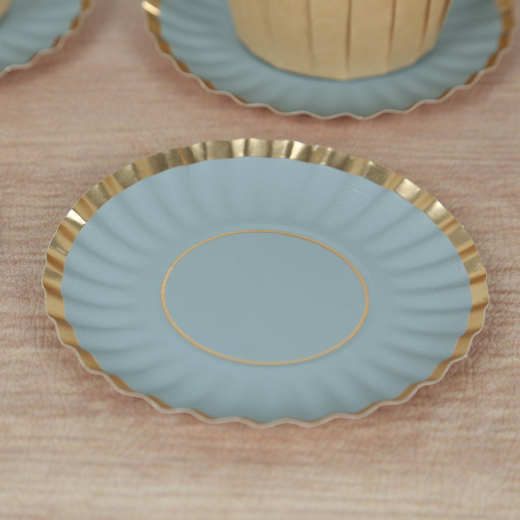 50 - Pack Paper 3.5" Round Party Plates in Dusty Blue with Gold Scalloped Rim for Tapas, Appetizers & Finger Foods - Bell Racket Store