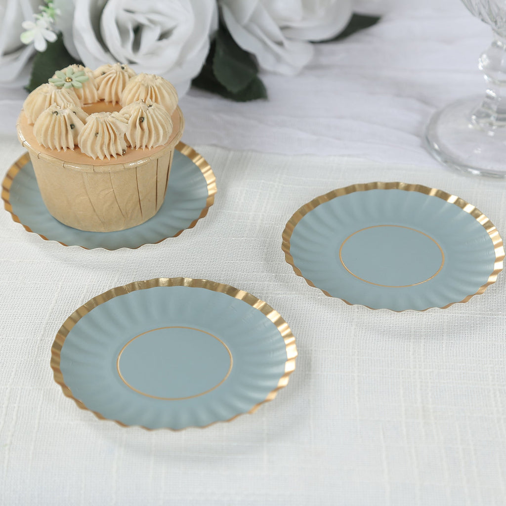 50 - Pack Paper 3.5" Round Party Plates in Dusty Blue with Gold Scalloped Rim for Tapas, Appetizers & Finger Foods - Bell Racket Store