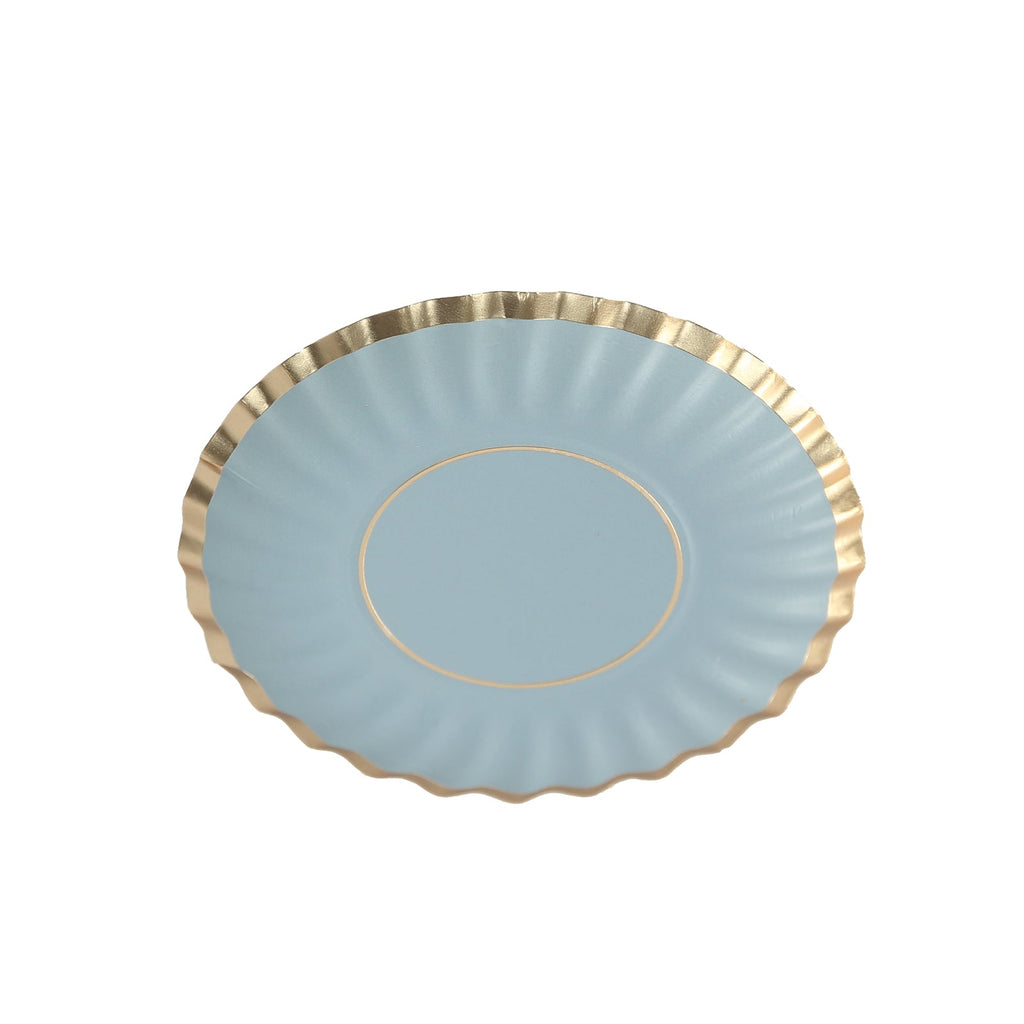 50 - Pack Paper 3.5" Round Party Plates in Dusty Blue with Gold Scalloped Rim for Tapas, Appetizers & Finger Foods - Bell Racket Store