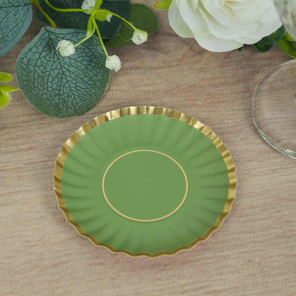 50 - Pack Paper 3.5" Round Party Plates in Dusty Sage Green with Gold Scalloped Rim for Tapas, Appetizers & Finger Foods - Bell Racket Store