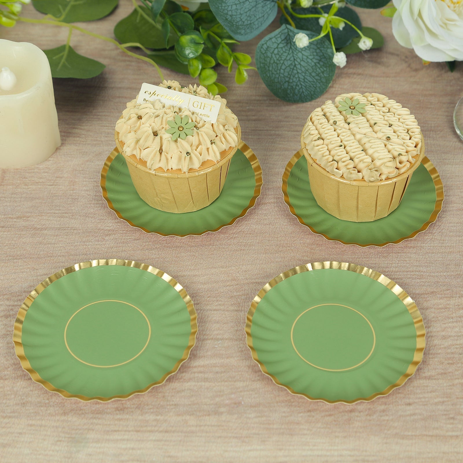 50 - Pack Paper 3.5" Round Party Plates in Dusty Sage Green with Gold Scalloped Rim for Tapas, Appetizers & Finger Foods - Bell Racket Store