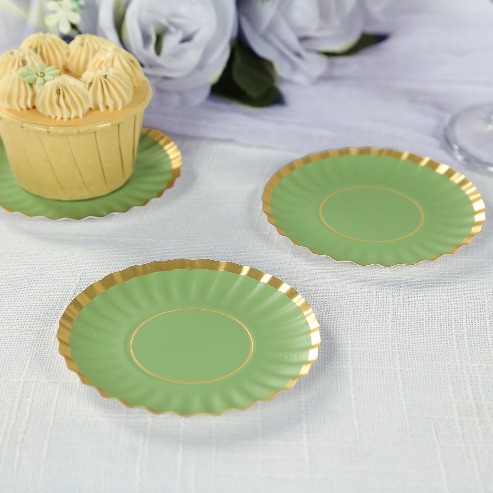50 - Pack Paper 3.5" Round Party Plates in Dusty Sage Green with Gold Scalloped Rim for Tapas, Appetizers & Finger Foods - Bell Racket Store