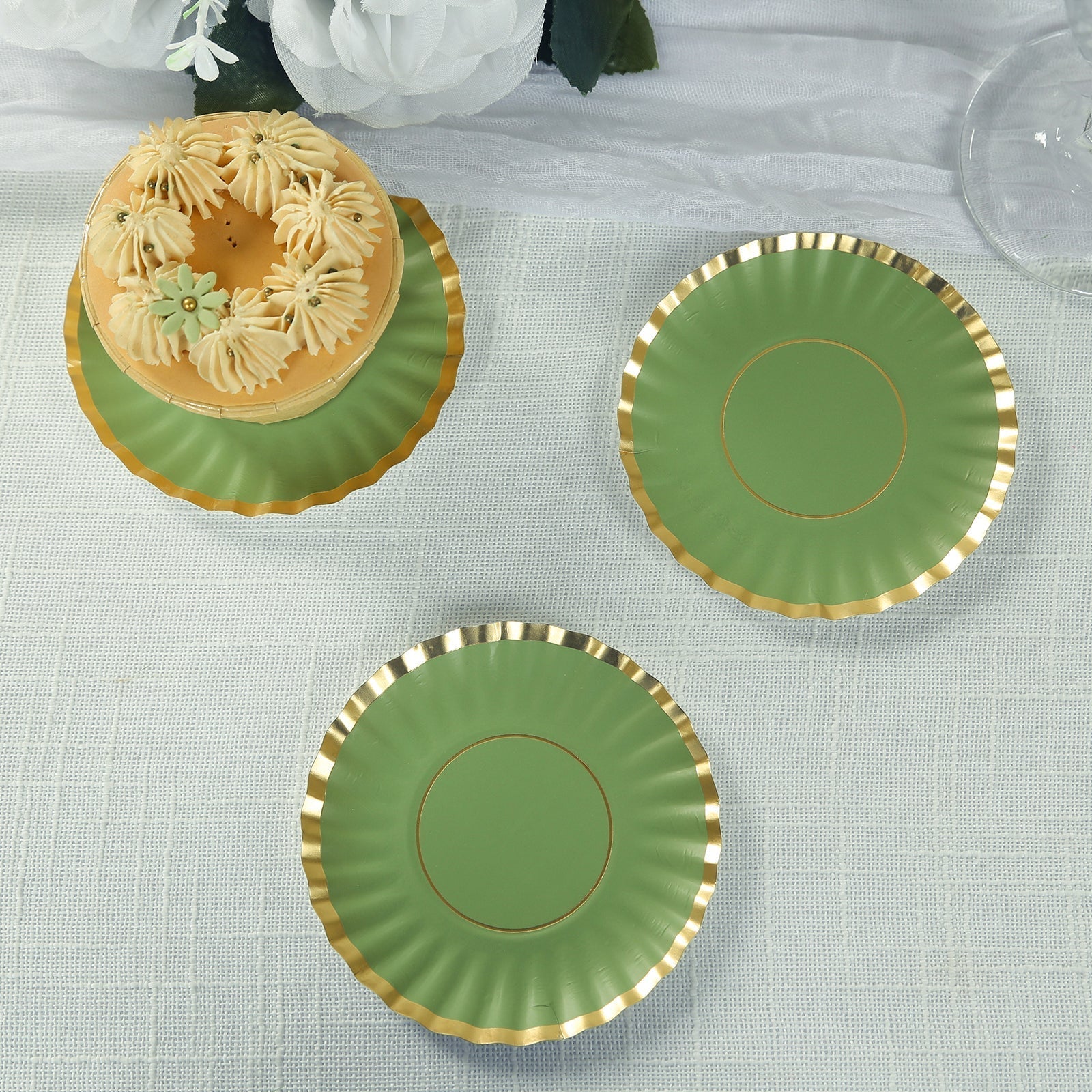 50 - Pack Paper 3.5" Round Party Plates in Dusty Sage Green with Gold Scalloped Rim for Tapas, Appetizers & Finger Foods - Bell Racket Store