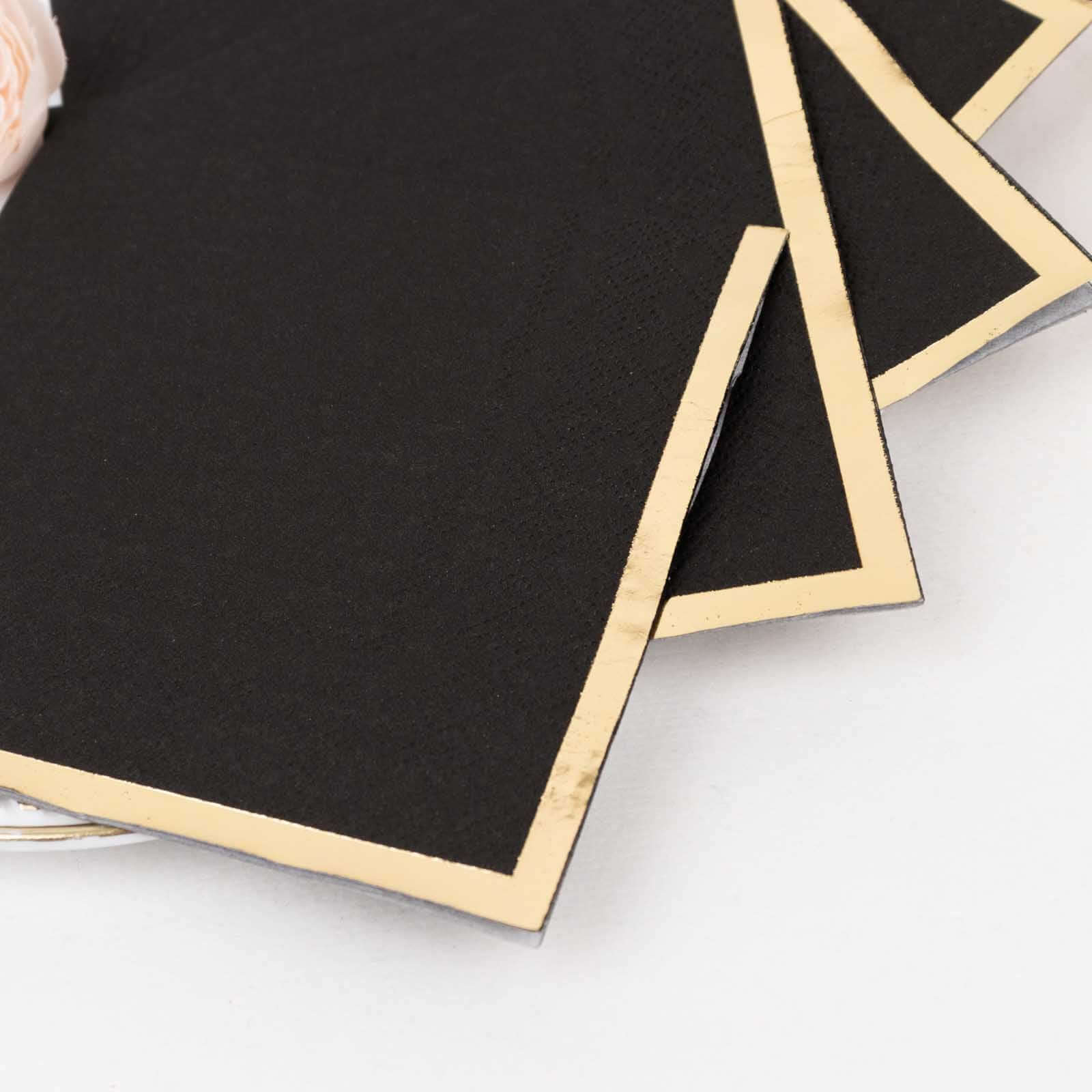 50 - Pack Paper Beverage Napkins Black with Gold Foil Edge - 2 Ply Disposable Soft 18GSM Cocktail Napkins for Events 5"x5" - Bell Racket Store