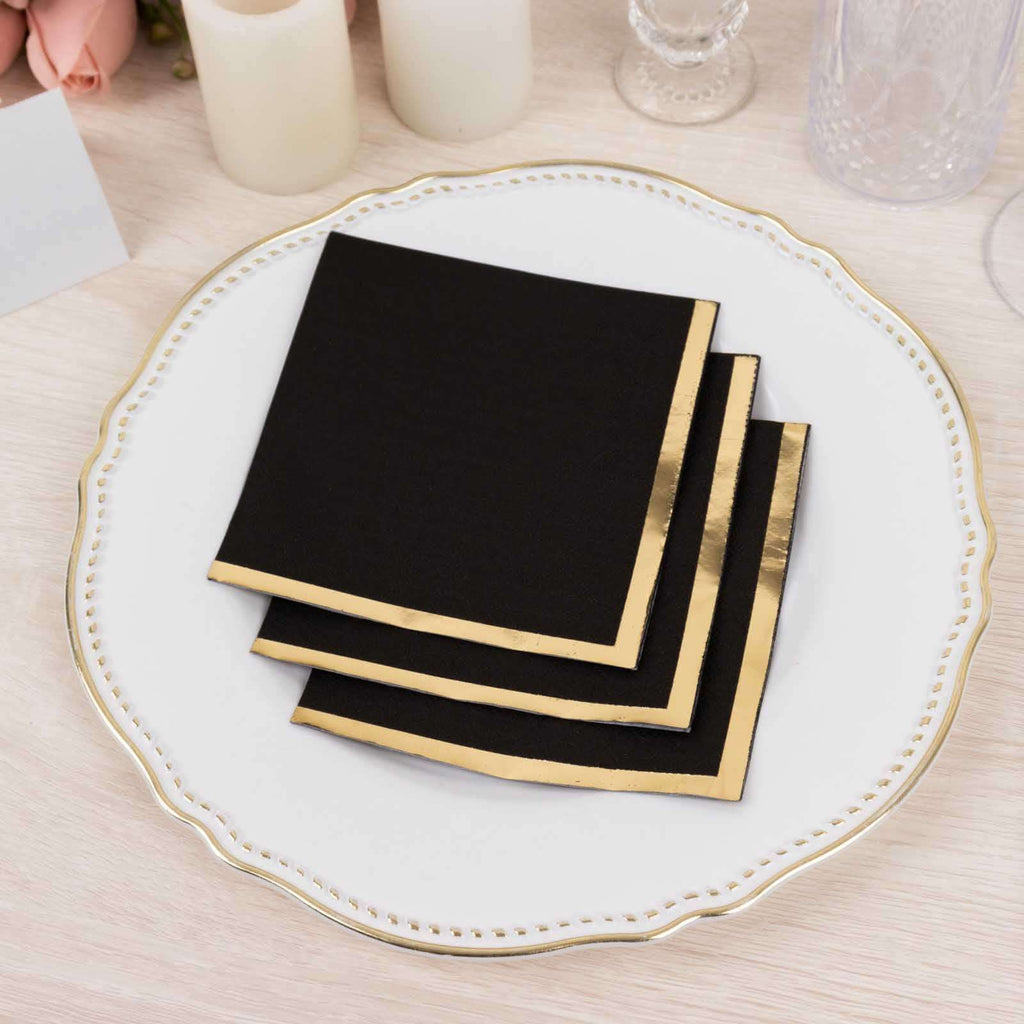 50 - Pack Paper Beverage Napkins Black with Gold Foil Edge - 2 Ply Disposable Soft 18GSM Cocktail Napkins for Events 5"x5" - Bell Racket Store
