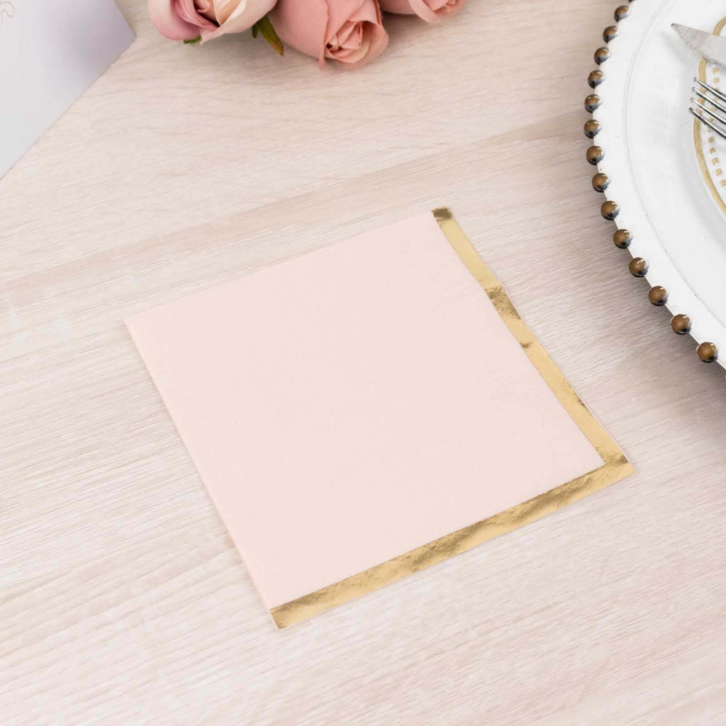 50 - Pack Paper Beverage Napkins Blush with Gold Foil Edge - 2 Ply Disposable Soft 18GSM Cocktail Napkins 5"x5" - Bell Racket Store