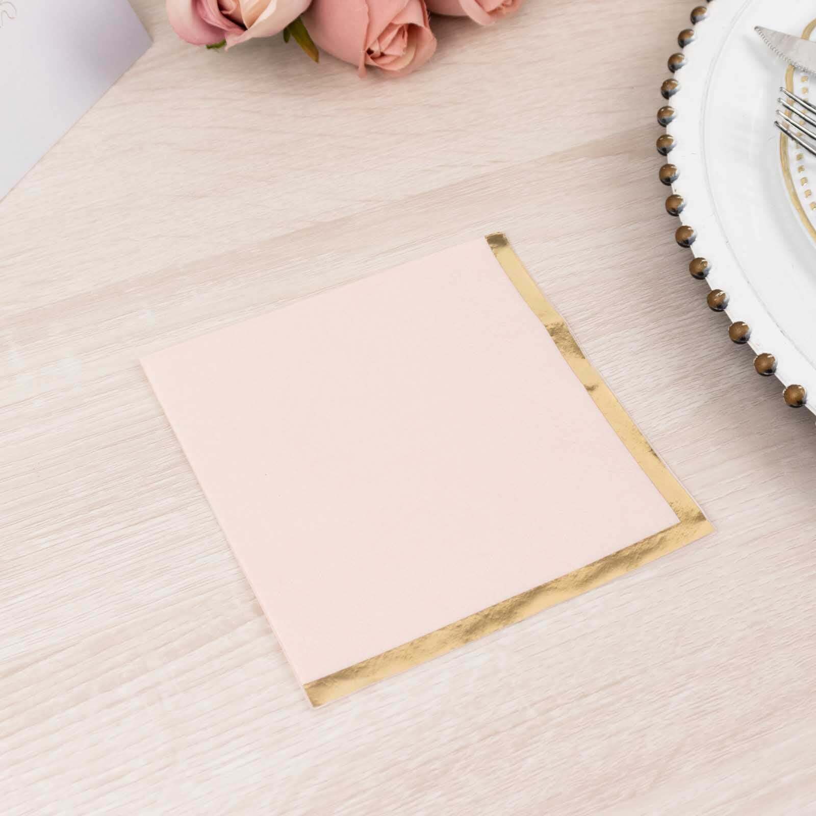 50 - Pack Paper Beverage Napkins Blush with Gold Foil Edge - 2 Ply Disposable Soft 18GSM Cocktail Napkins 5"x5" - Bell Racket Store