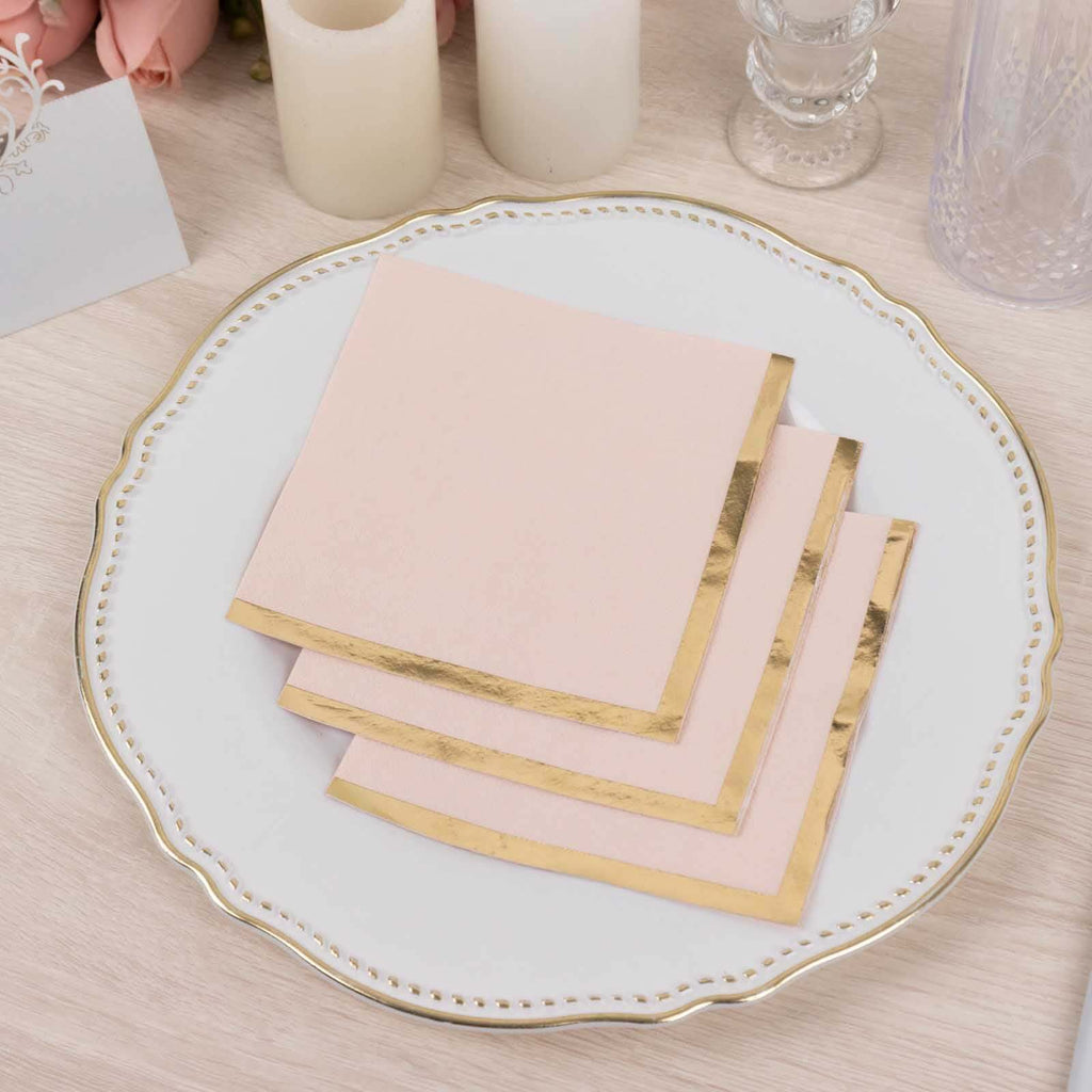 50 - Pack Paper Beverage Napkins Blush with Gold Foil Edge - 2 Ply Disposable Soft 18GSM Cocktail Napkins 5"x5" - Bell Racket Store