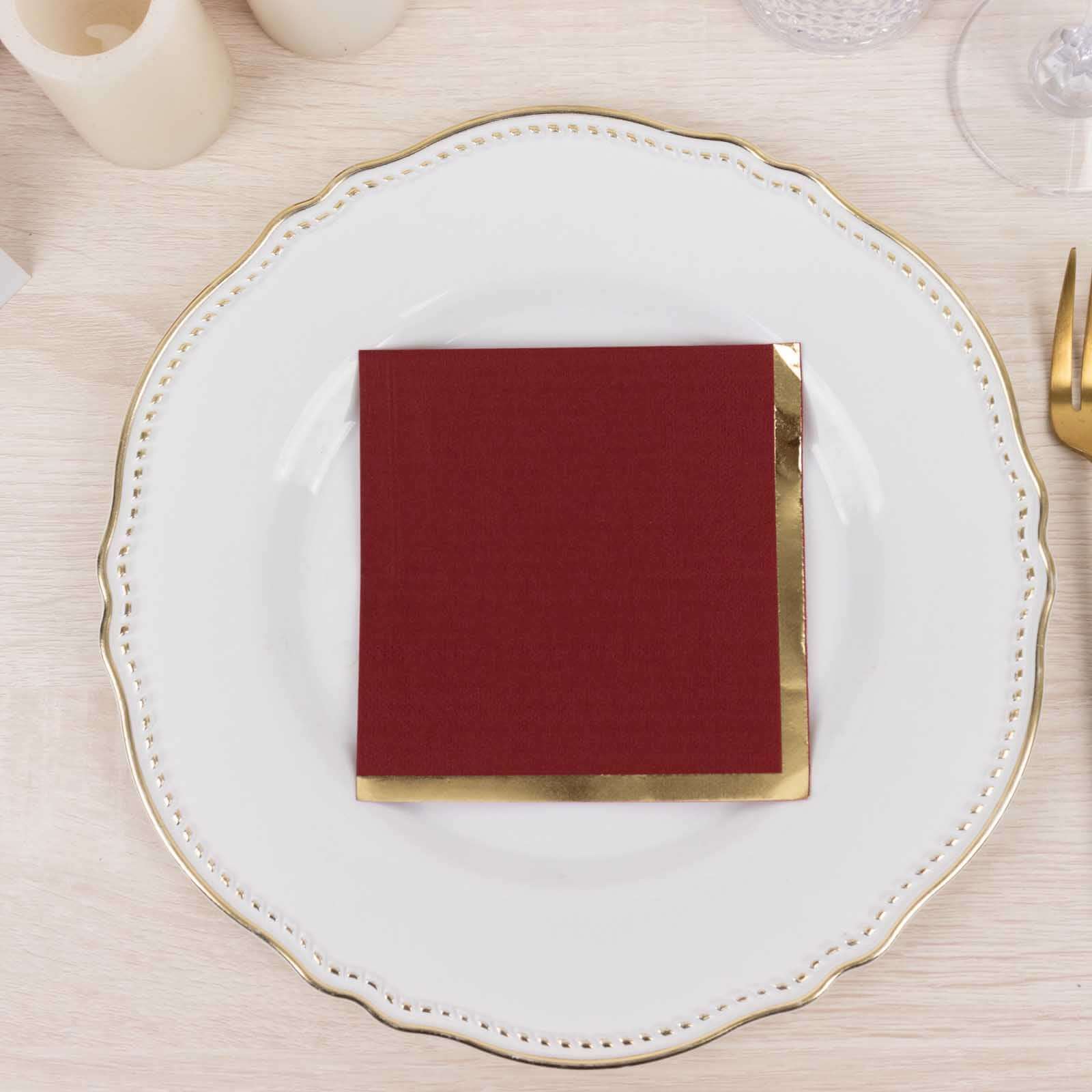 50 - Pack Paper Beverage Napkins Burgundy with Gold Foil Edge - 2 Ply Disposable Soft 18GSM Cocktail Napkins 5"x5" - Bell Racket Store
