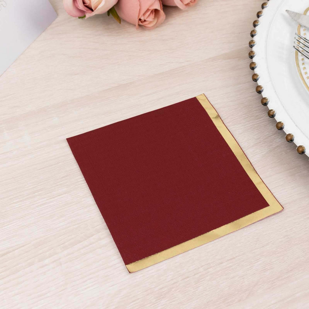 50 - Pack Paper Beverage Napkins Burgundy with Gold Foil Edge - 2 Ply Disposable Soft 18GSM Cocktail Napkins 5"x5" - Bell Racket Store