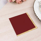 50 - Pack Paper Beverage Napkins Burgundy with Gold Foil Edge - 2 Ply Disposable Soft 18GSM Cocktail Napkins 5"x5" - Bell Racket Store
