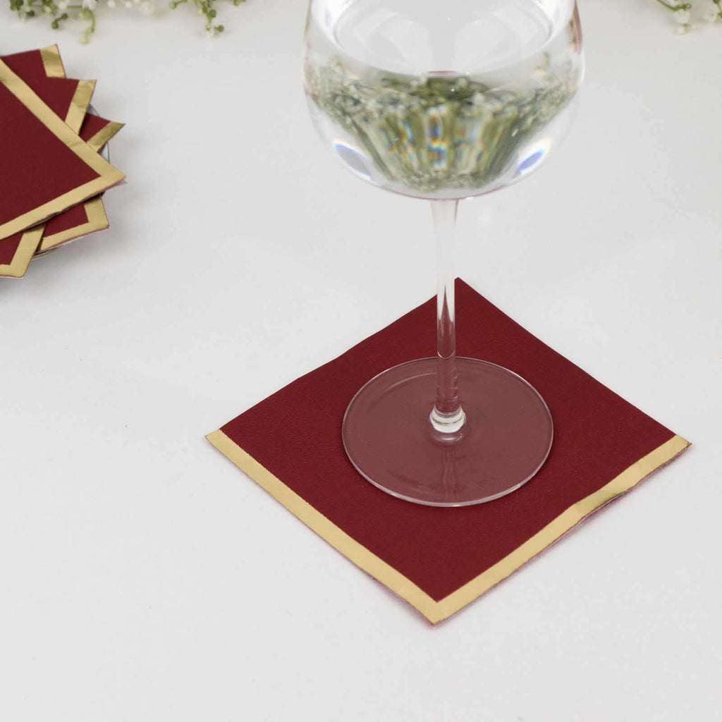 50 - Pack Paper Beverage Napkins Burgundy with Gold Foil Edge - 2 Ply Disposable Soft 18GSM Cocktail Napkins 5"x5" - Bell Racket Store