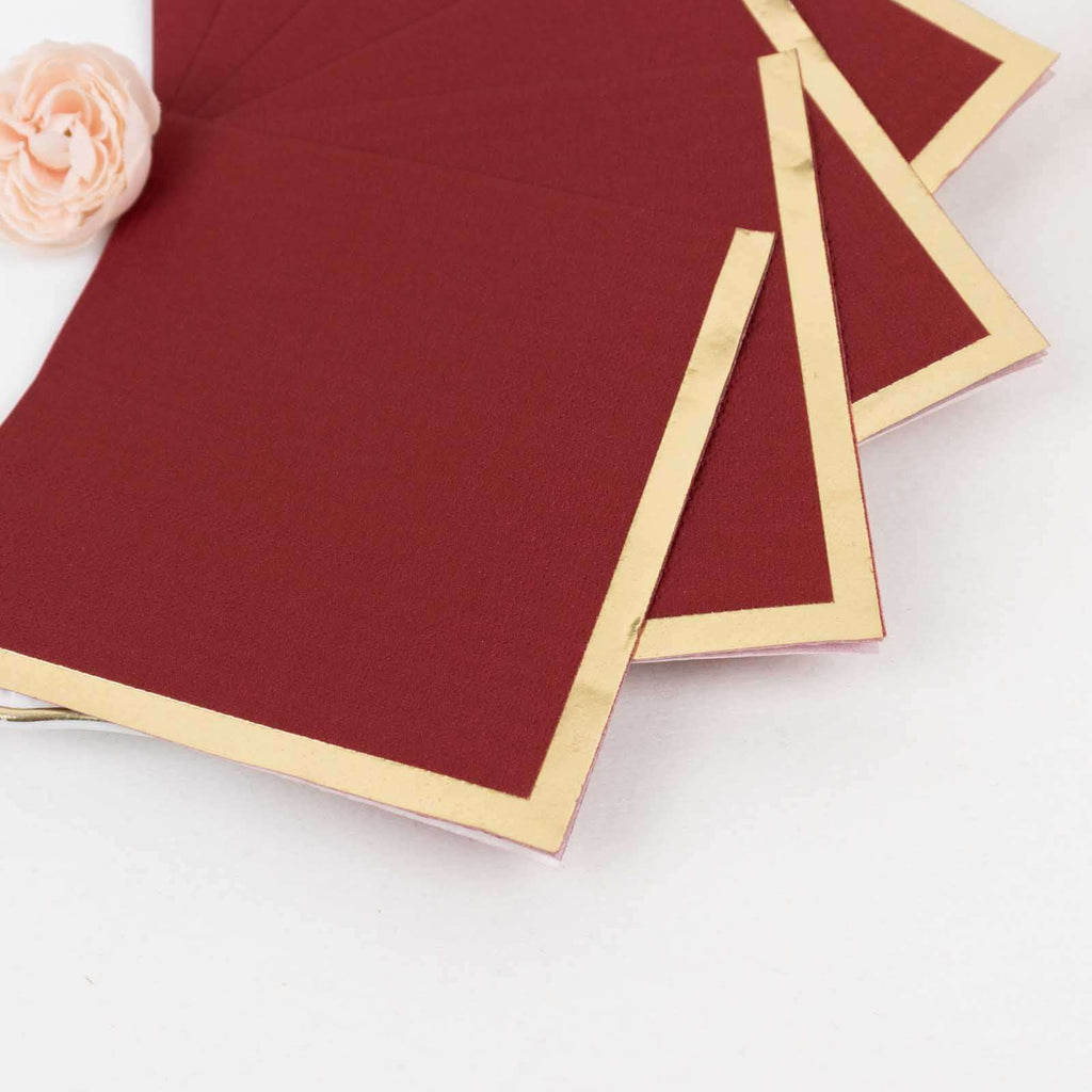 50 - Pack Paper Beverage Napkins Burgundy with Gold Foil Edge - 2 Ply Disposable Soft 18GSM Cocktail Napkins 5"x5" - Bell Racket Store