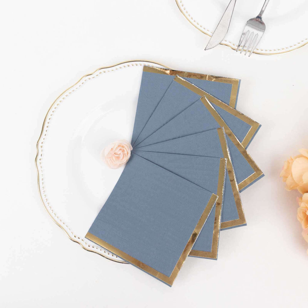 50 - Pack Paper Beverage Napkins Dusty Blue with Gold Foil Edge - 2 Ply Disposable Soft 18GSM Cocktail Napkins 5"x5" - Bell Racket Store