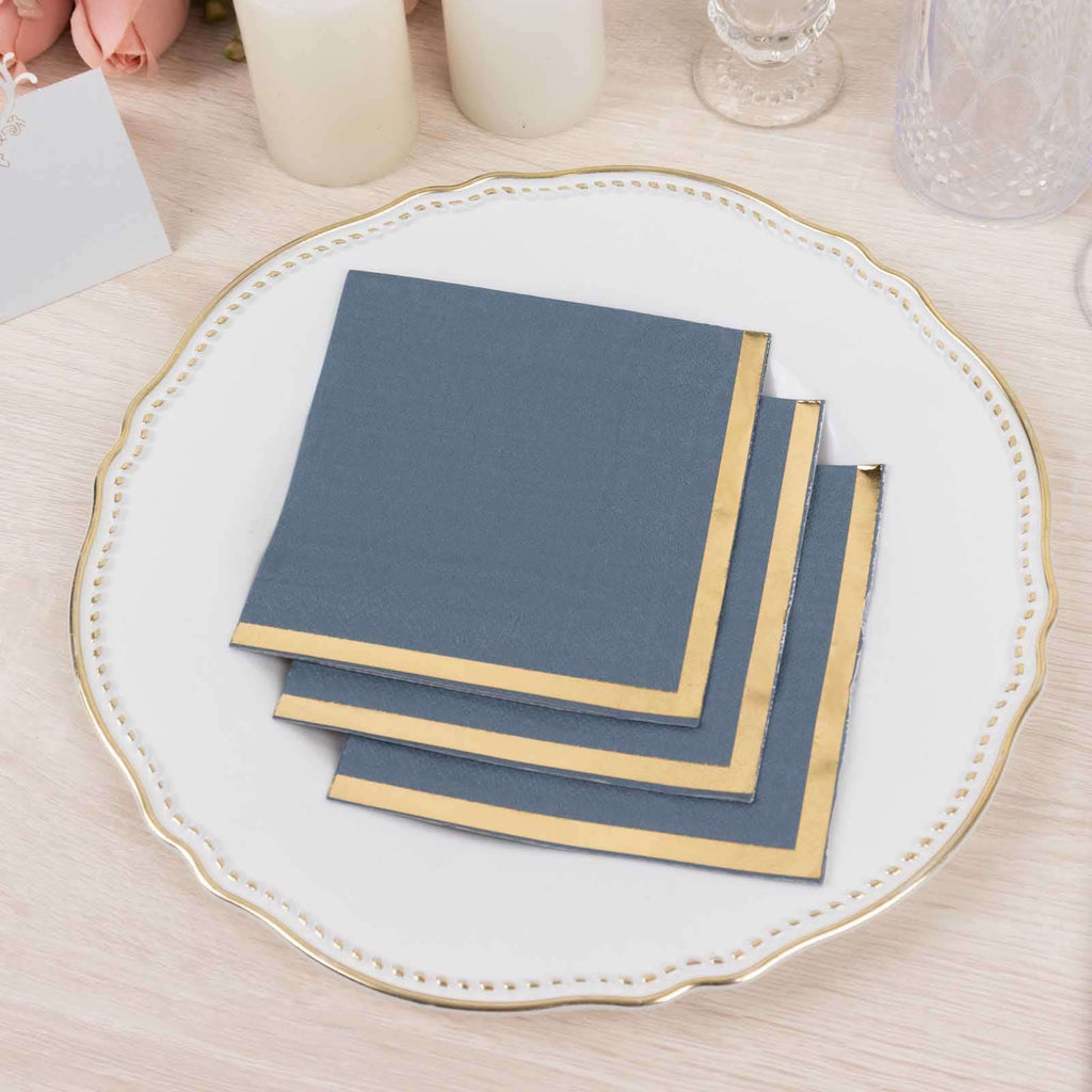 50 - Pack Paper Beverage Napkins Dusty Blue with Gold Foil Edge - 2 Ply Disposable Soft 18GSM Cocktail Napkins 5"x5" - Bell Racket Store