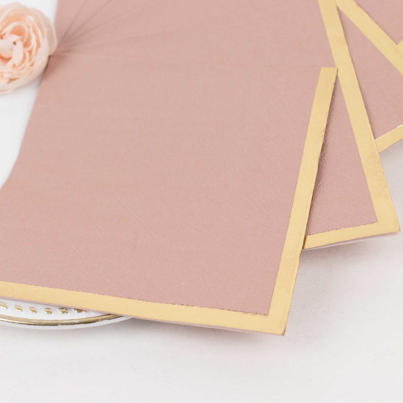 50 - Pack Paper Beverage Napkins Dusty Rose with Gold Foil Edge - 2 Ply Disposable Soft 18GSM Cocktail Napkins 5"x5" - Bell Racket Store