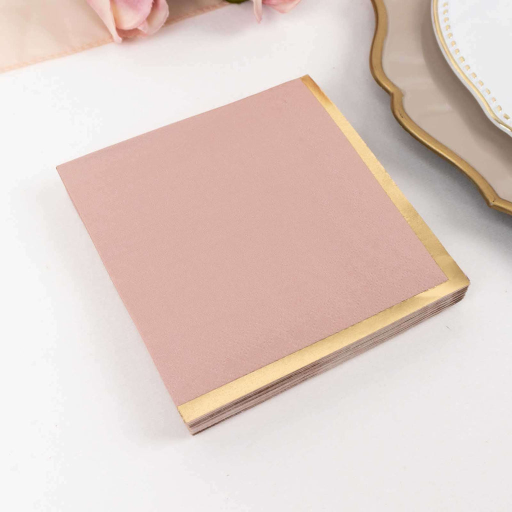 50 - Pack Paper Beverage Napkins Dusty Rose with Gold Foil Edge - 2 Ply Disposable Soft 18GSM Cocktail Napkins 5"x5" - Bell Racket Store
