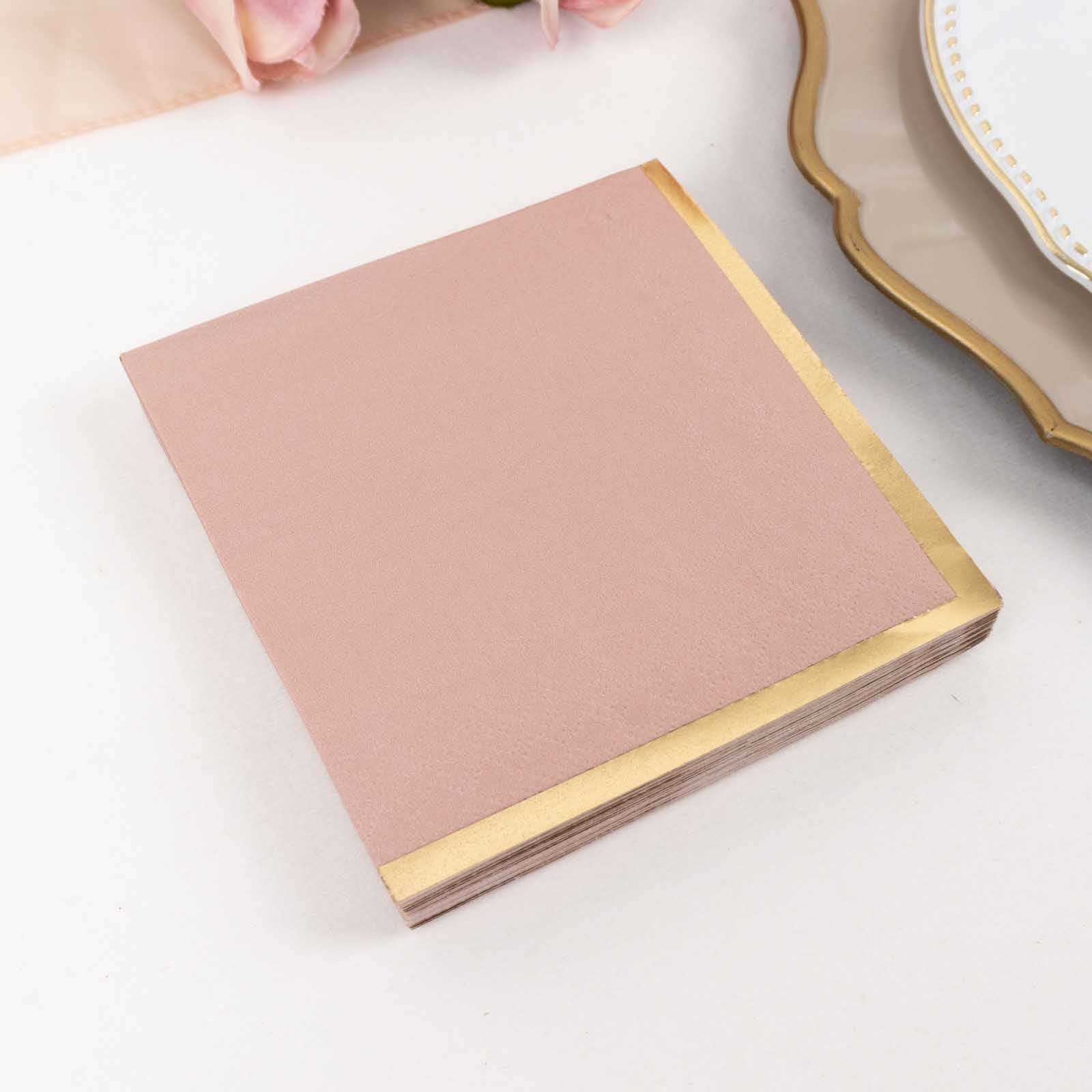 50 - Pack Paper Beverage Napkins Dusty Rose with Gold Foil Edge - 2 Ply Disposable Soft 18GSM Cocktail Napkins 5"x5" - Bell Racket Store