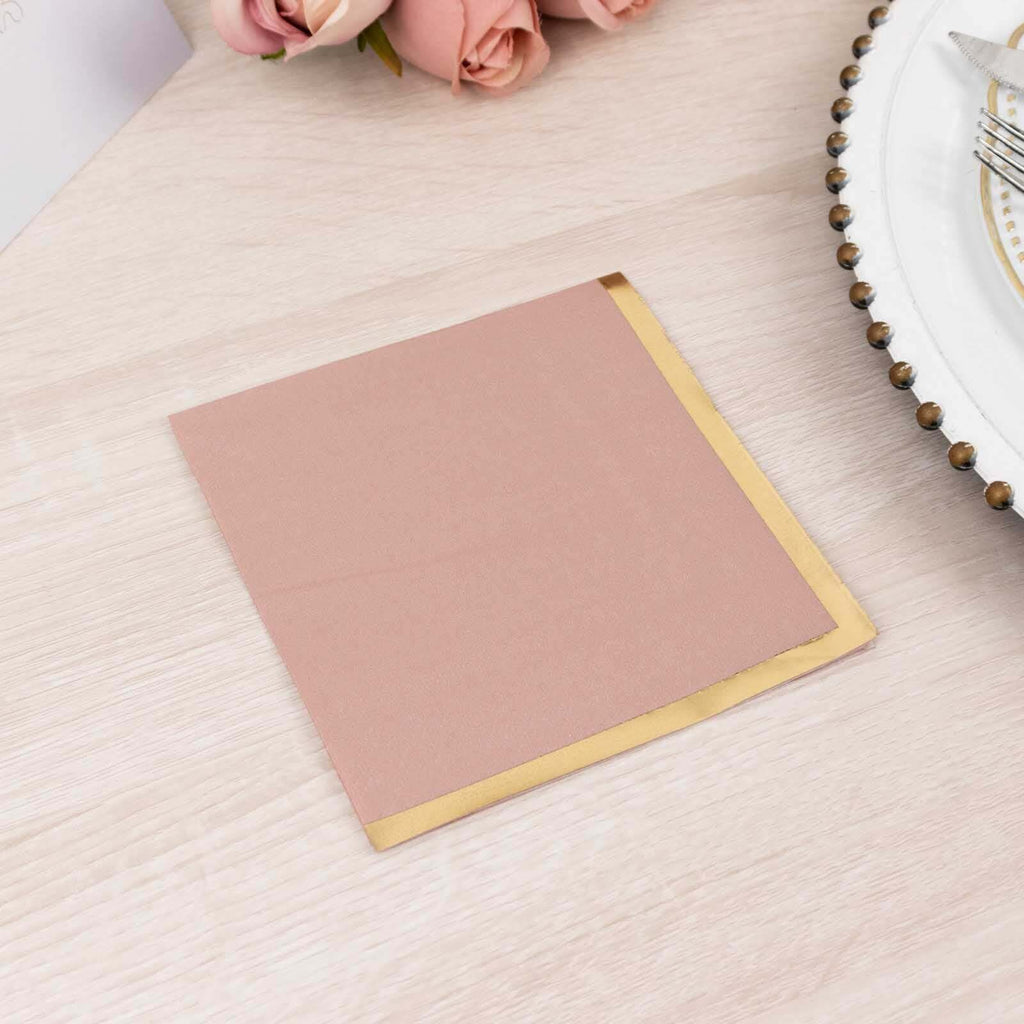 50 - Pack Paper Beverage Napkins Dusty Rose with Gold Foil Edge - 2 Ply Disposable Soft 18GSM Cocktail Napkins 5"x5" - Bell Racket Store