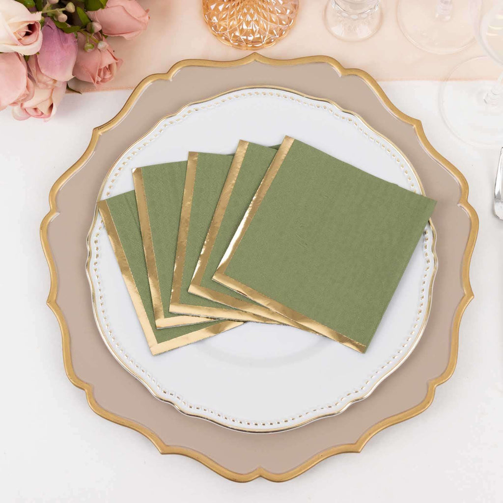 50 - Pack Paper Beverage Napkins Dusty Sage Green with Gold Foil Edge - 2 Ply Disposable Soft 18GSM Cocktail Napkins 5"x5" - Bell Racket Store