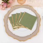 50 - Pack Paper Beverage Napkins Dusty Sage Green with Gold Foil Edge - 2 Ply Disposable Soft 18GSM Cocktail Napkins 5"x5" - Bell Racket Store