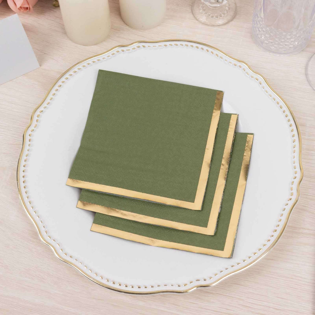 50 - Pack Paper Beverage Napkins Dusty Sage Green with Gold Foil Edge - 2 Ply Disposable Soft 18GSM Cocktail Napkins 5"x5" - Bell Racket Store