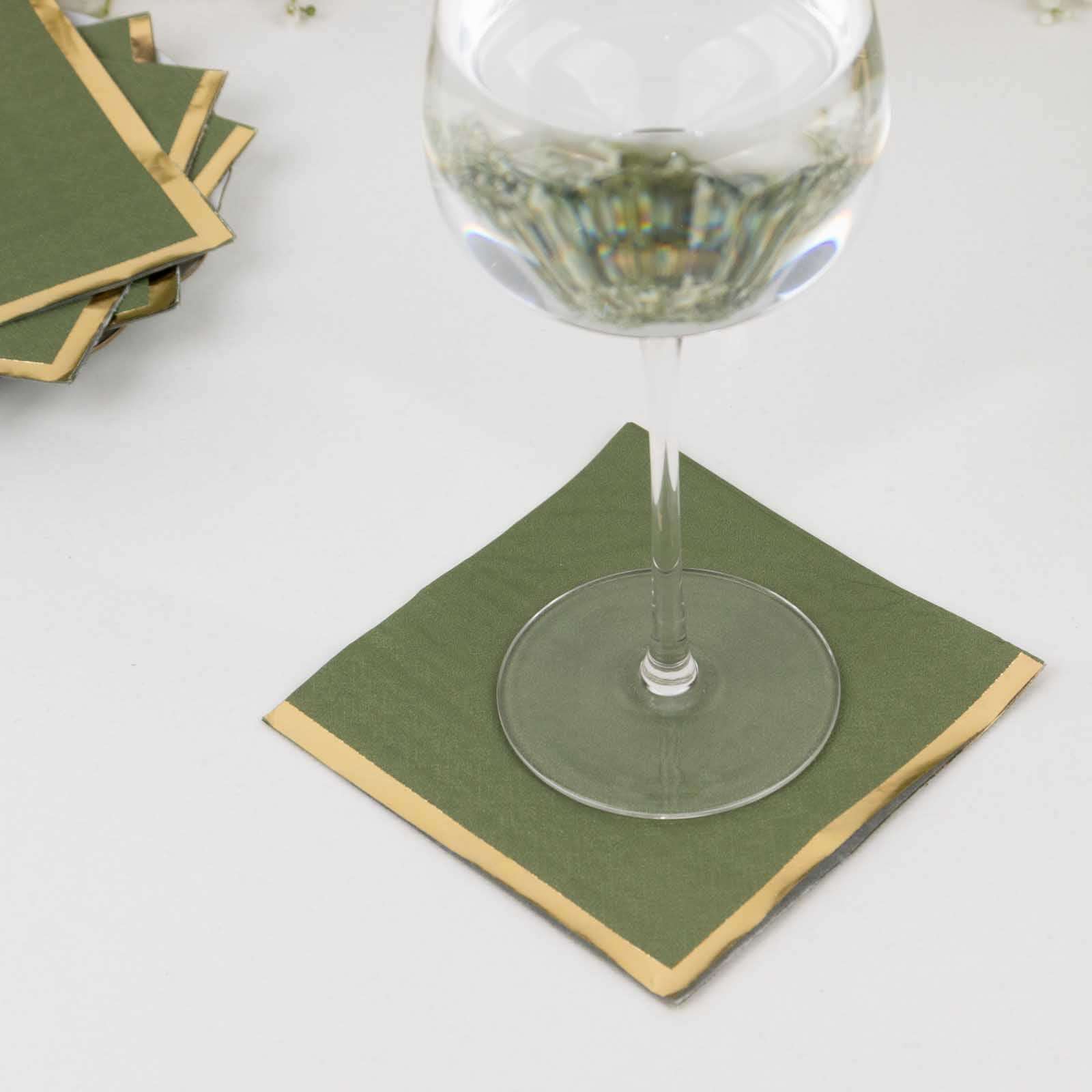 50 - Pack Paper Beverage Napkins Dusty Sage Green with Gold Foil Edge - 2 Ply Disposable Soft 18GSM Cocktail Napkins 5"x5" - Bell Racket Store