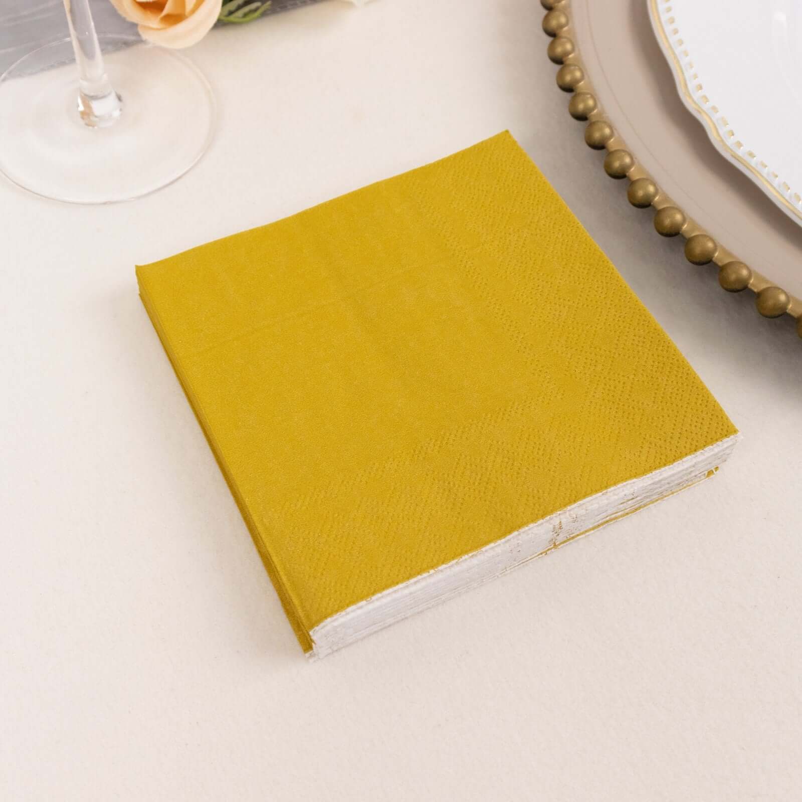 50 - Pack Paper Beverage Napkins Gold - 2 Ply Disposable Soft 18GSM Cocktail Napkins for Events 5"x5" - Bell Racket Store