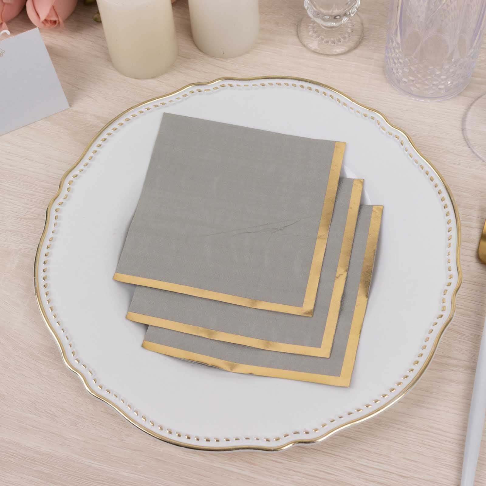 50 - Pack Paper Beverage Napkins Gray with Gold Foil Edge - 2 Ply Disposable Soft 18GSM Cocktail Napkins 5"x5" - Bell Racket Store