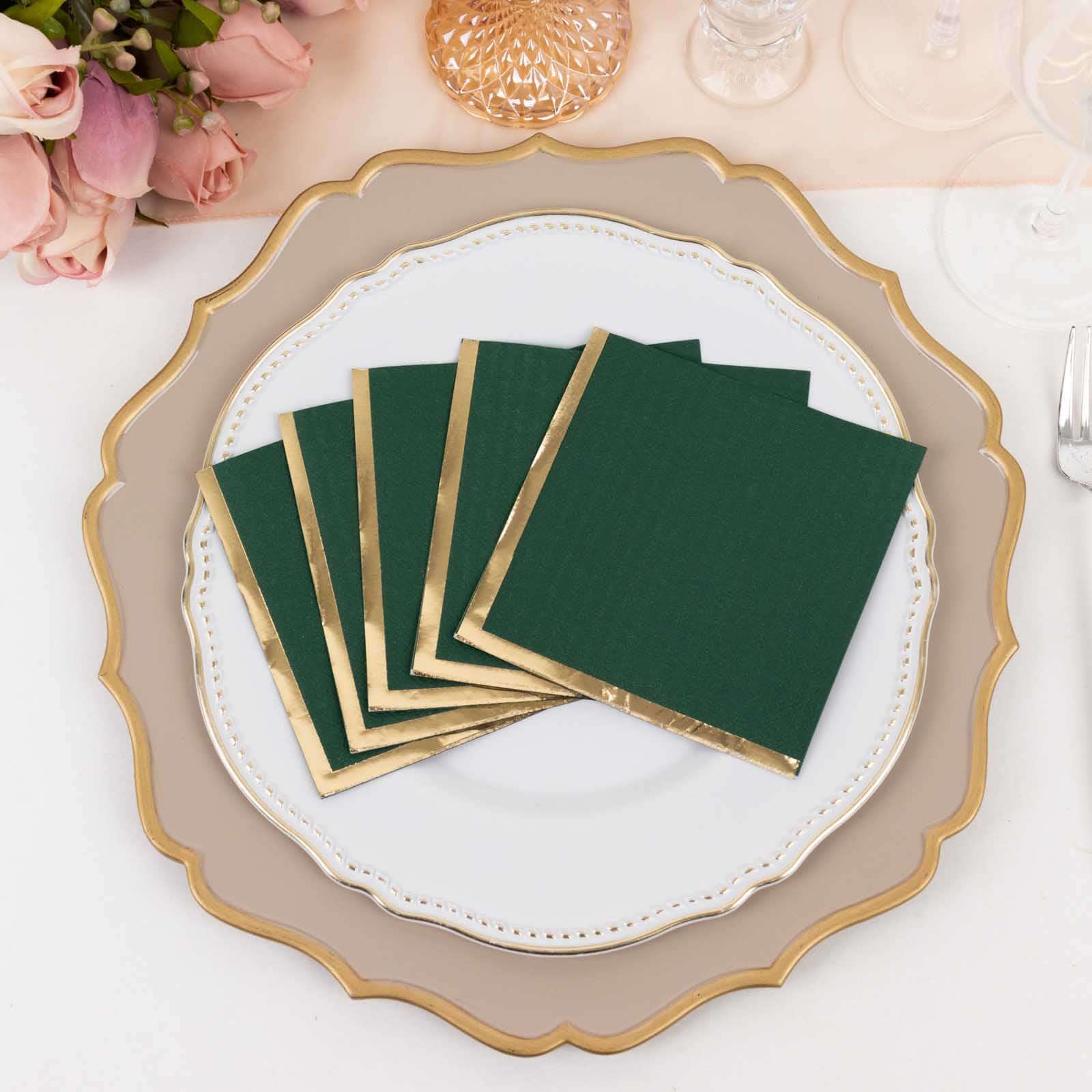 50 - Pack Paper Beverage Napkins Hunter Emerald Green with Gold Foil Edge - 2 Ply Disposable Soft 18GSM Cocktail Napkins 5"x5" - Bell Racket Store