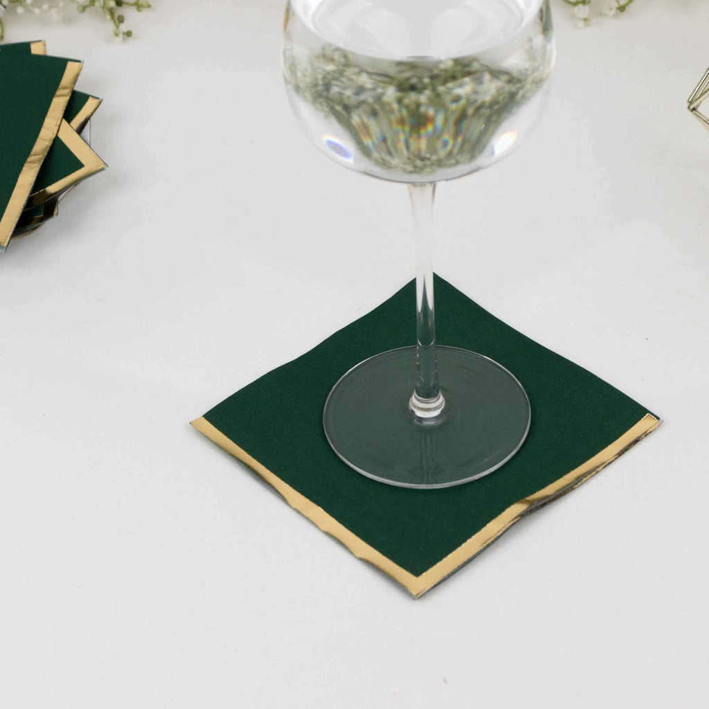 50 - Pack Paper Beverage Napkins Hunter Emerald Green with Gold Foil Edge - 2 Ply Disposable Soft 18GSM Cocktail Napkins 5"x5" - Bell Racket Store