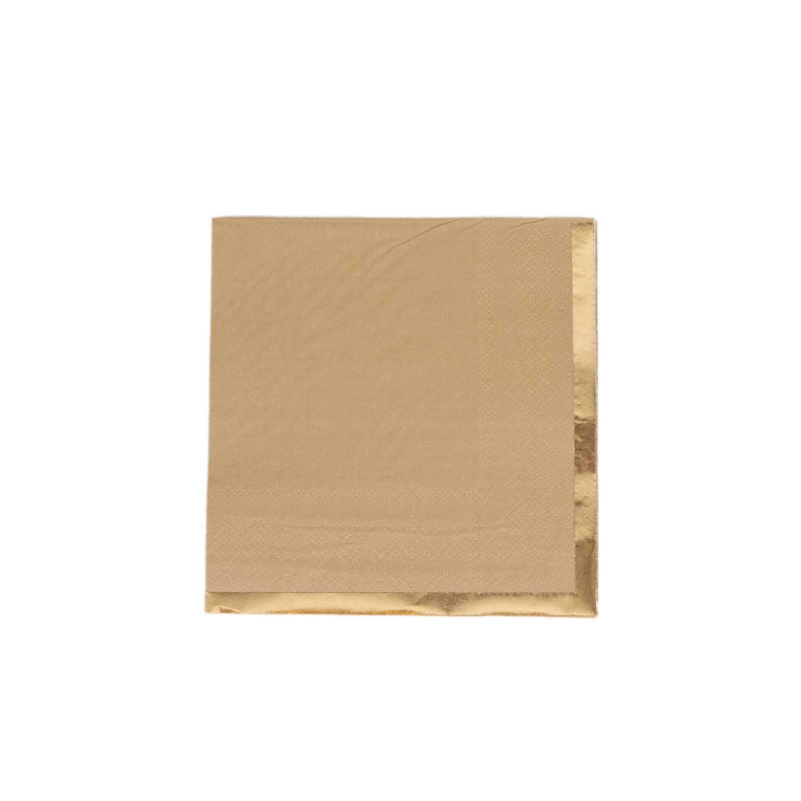 50 - Pack Paper Beverage Napkins Natural with Gold Foil Edge - 2 Ply Disposable Soft 18GSM Cocktail Napkins 5"x5" - Bell Racket Store