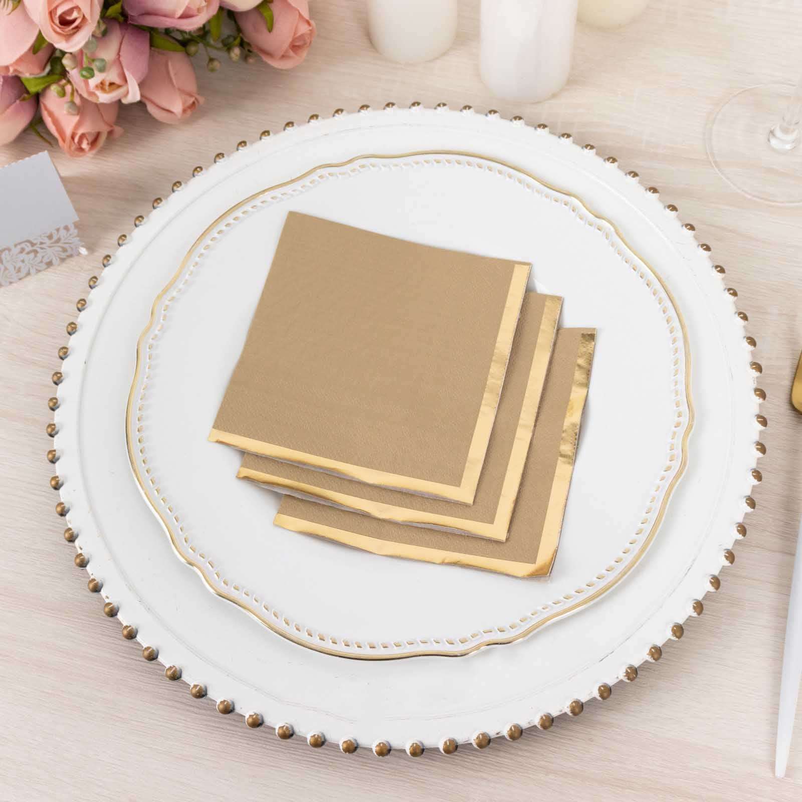 50 - Pack Paper Beverage Napkins Natural with Gold Foil Edge - 2 Ply Disposable Soft 18GSM Cocktail Napkins 5"x5" - Bell Racket Store