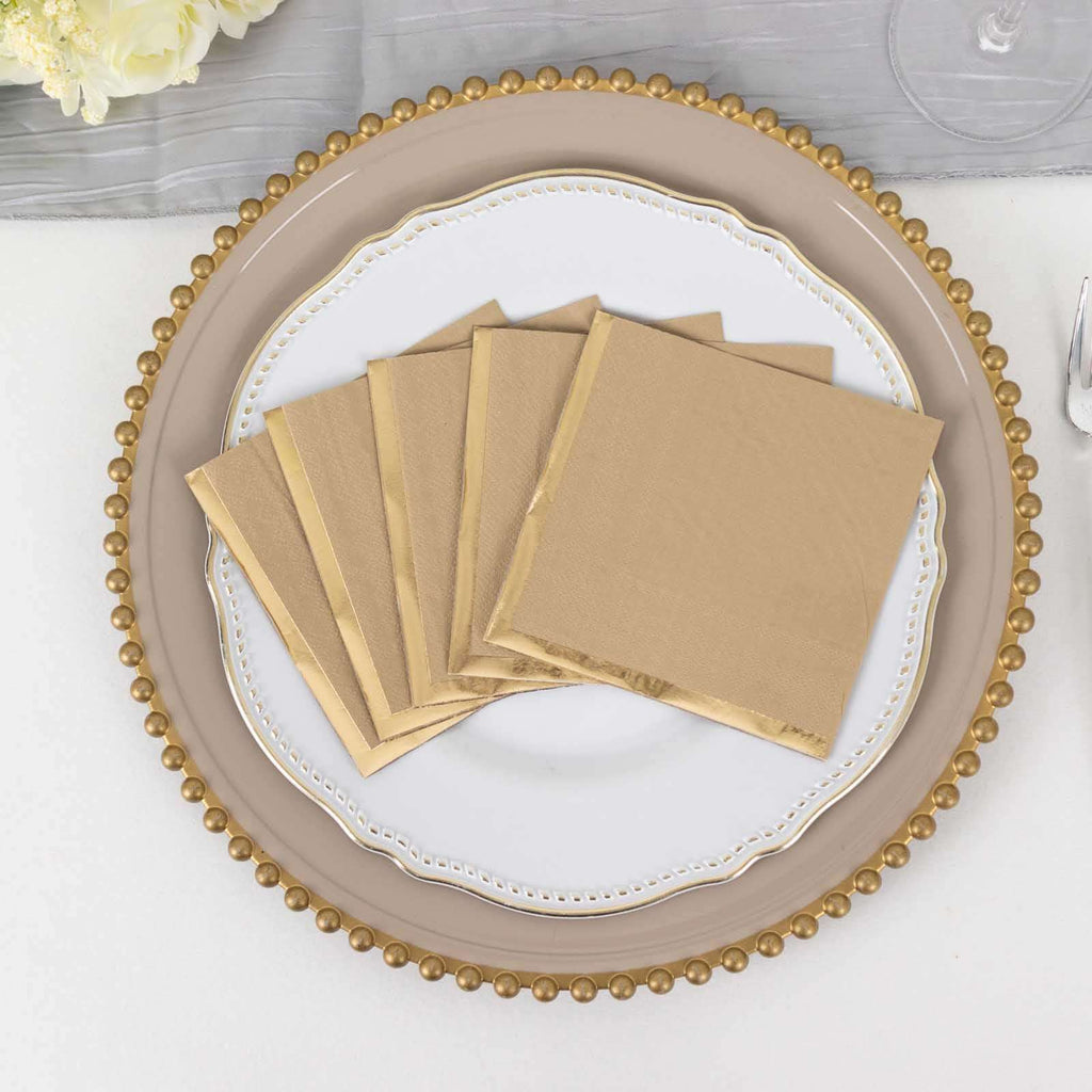 50 - Pack Paper Beverage Napkins Natural with Gold Foil Edge - 2 Ply Disposable Soft 18GSM Cocktail Napkins 5"x5" - Bell Racket Store